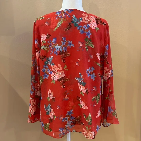 Sold~Cabi Devoted Blouse Red Floral Bell Sleeves Multi Color Layered Top, Size L - Picture 6 of 9